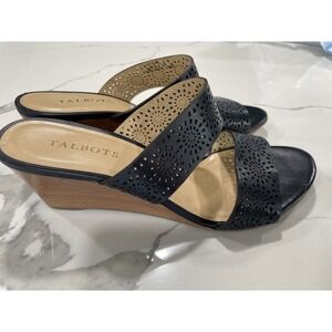 Talbots Sz 10.5 M Women's Leather Slide Wedge Sandal Shoes Perforated Black SH10